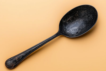 Old vintage black metal spoon on beige backgroundの素材