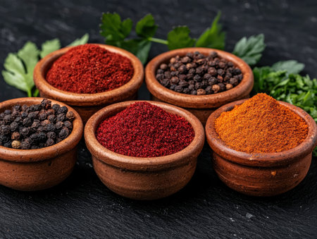 Assortment of spices in rustic bowls on dark backgroundの素材