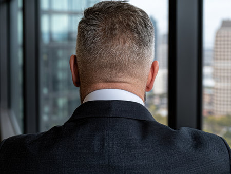 Businessman looking out the window at the city skylineの素材