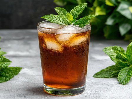 Refreshing iced tea with mint garnishの素材