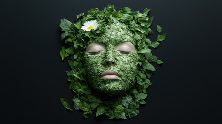 Woman's face covered in green leaves and a flowerの素材