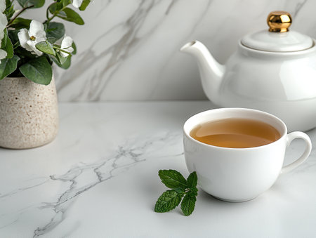 A cup of tea with mint leaves on a marble tableの素材