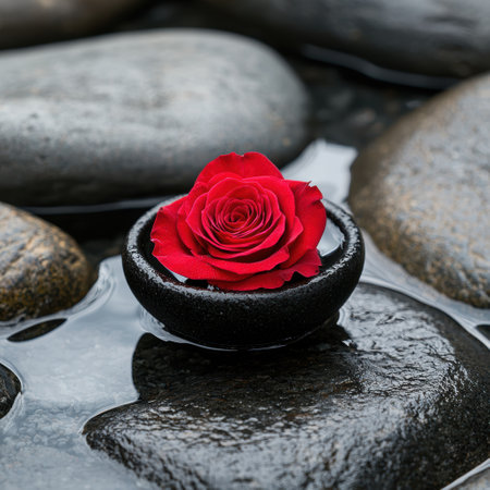 Red rose in a black bowl on wet stonesの素材