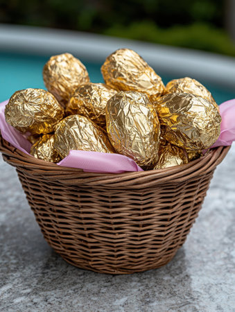 Golden chocolate eggs in a wicker basketの素材