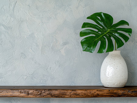 Single monstera leaf in a white vase on a wooden shelf against a textured wallの素材