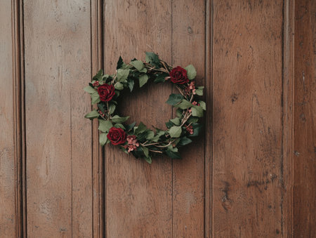 Red rose wreath on rustic wooden doorの素材