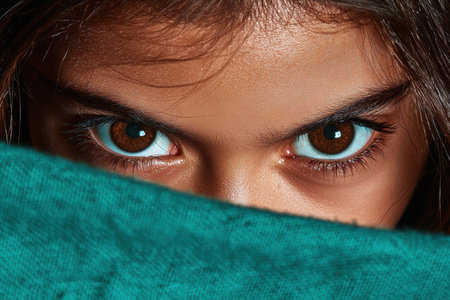 Close-up of a girl's intense eyes peering from behind a teal fabricの素材