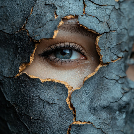 Closeup of a woman's eye peeking through a cracked, dark maskの素材