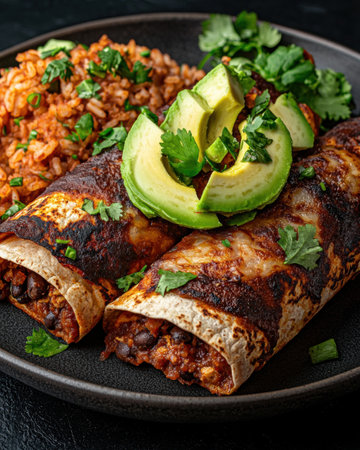 Delicious Chicken Enchiladas with Rice and Avocadoの素材
