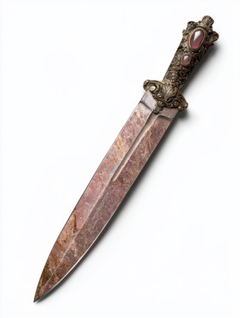 Ornate dagger with gemstone handle and pink marble bladeの素材