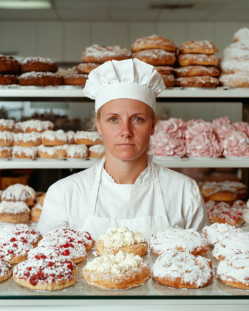 Female baker in a white chef's hat looks at the camera in her bakery.の素材