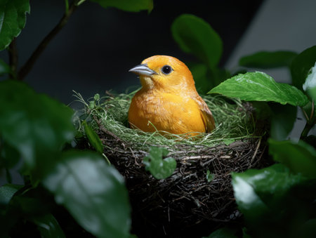 Bright orange bird in a nestの素材