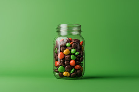 Mason jar filled with colorful candies on green backgroundの素材