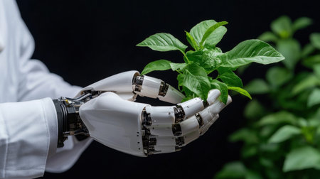 Robot hand gently holding a young plant sprout, representing AI and sustainability in agriculture.の素材