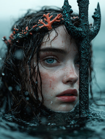 Mysterious woman with trident and coral crown emerges from waterの素材