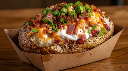 Loaded baked potato with bacon, cheese, and chivesの素材