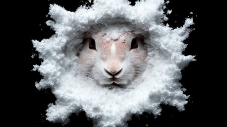 White rabbit peeking through a snowdriftの素材