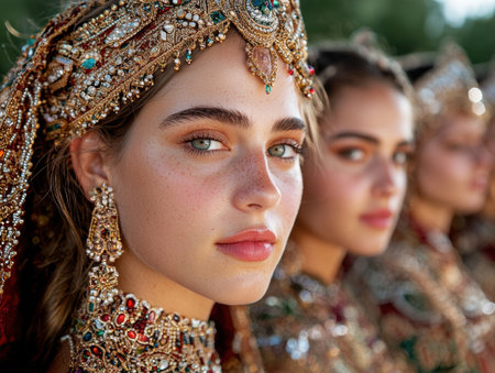 Close up of three women wearing elaborate gold and jewel-toned headpieces and necklacesの素材