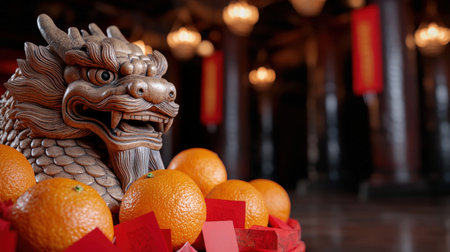 Chinese dragon statue with oranges and red envelopes for Lunar New Yearの素材
