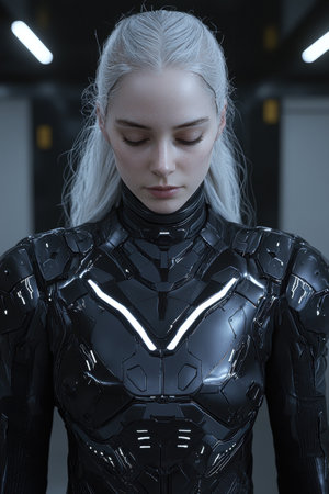 Futuristic female cyborg in sleek black armorの素材