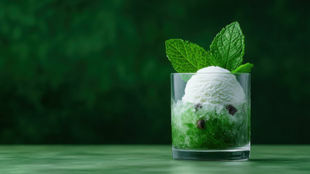 Refreshing mint ice cream with matcha green tea granita in a glassの素材