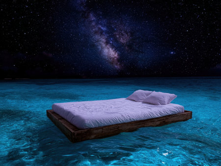 Floating bed in tranquil ocean under starry night skyの素材
