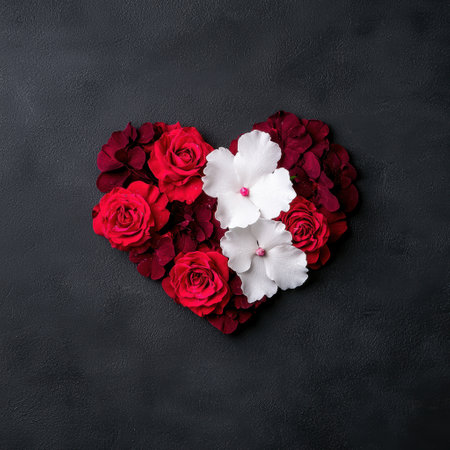 Heart shaped floral arrangement of red roses and white flowersの素材