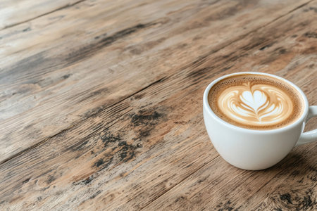 Heart latte art in white cup on wooden tableの素材