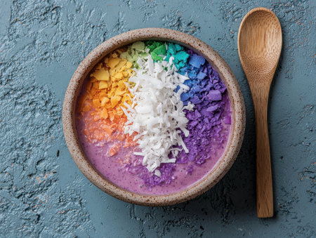 Rainbow smoothie bowl with coconut flakes and colorful granolaの素材
