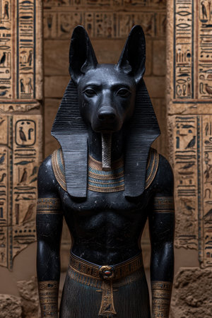 Black Anubis statue against ancient egyptian hieroglyphs backgroundの素材