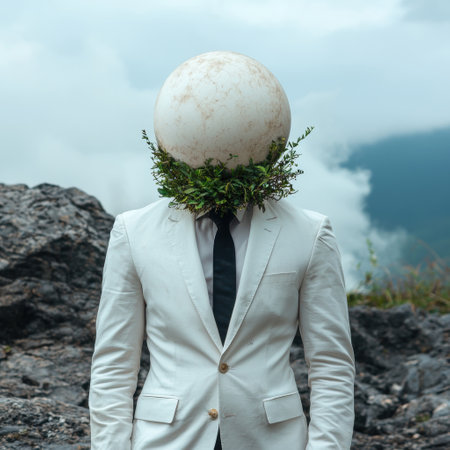 Surreal portrait of a man with a sphere head and green foliage, standing in a rocky landscapeの素材