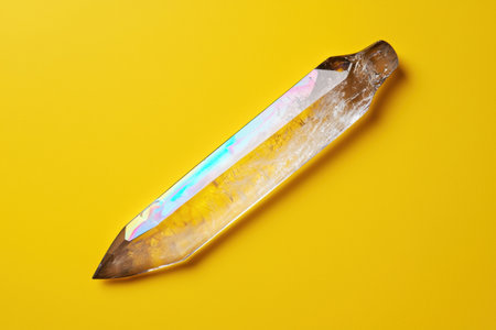 Rainbow Aura Quartz Crystal Point on Yellow Backgroundの素材
