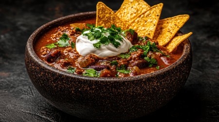 A hearty bowl of chili topped with sour cream and tortilla chipsの素材
