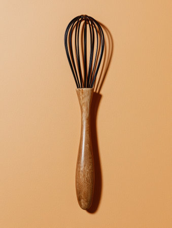 Wooden handled whisk on orange backgroundの素材