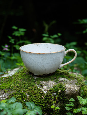 Rustic white teacup on mossy rockの素材