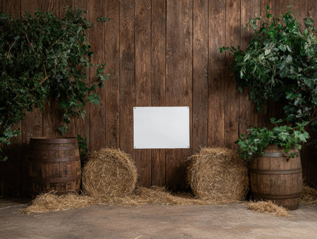 Rustic wooden barn interior with hay bales, barrels, and blank signの素材