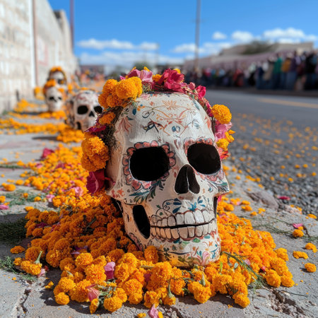 Sugar skull decorated with marigolds for Dia de los Muertosの素材