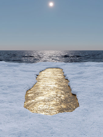 Golden path through snowy landscape leading to the oceanの素材