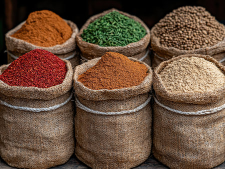 Assortment of spices in burlap sacks at a marketの素材