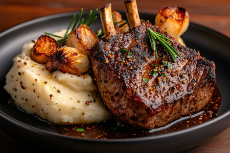 Delicious roasted lamb chops with creamy mashed potatoes and roasted garlicの素材