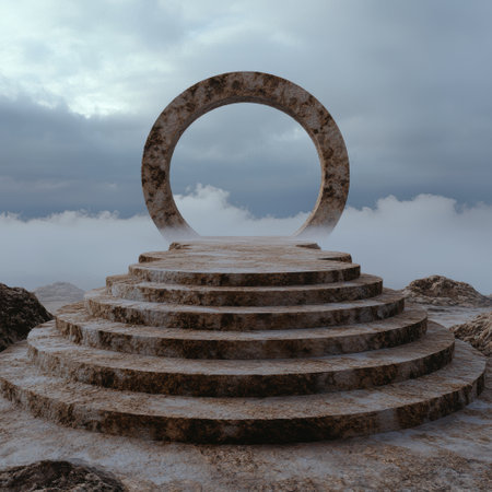 Stone steps leading to a circular portal in the cloudsの素材