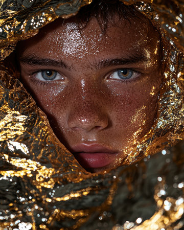 Close-up portrait of a sweaty man's face, partially covered by gold foilの素材