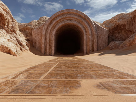 Ancient stone archway leading to a dark tunnel in a desert landscapeの素材