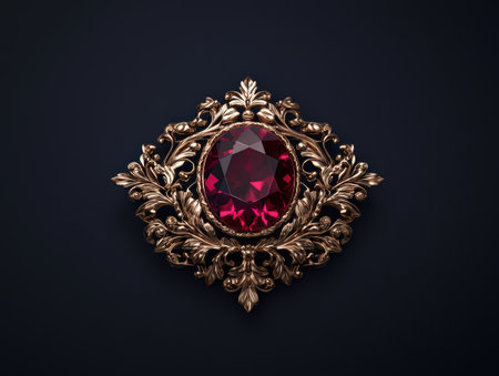 Luxury ruby gemstone gold brooch pendant, ornate jewelry designの素材