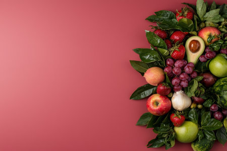 Fresh fruit and vegetables on red backgroundの素材