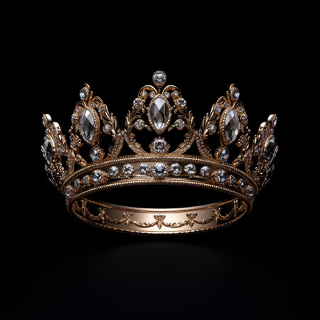 Golden crown with diamonds on black backgroundの素材