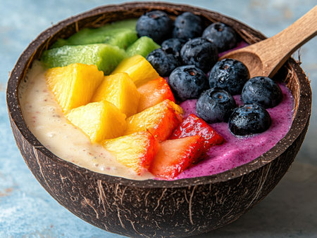 Rainbow fruit smoothie bowl with fresh berries and tropical fruitsの素材