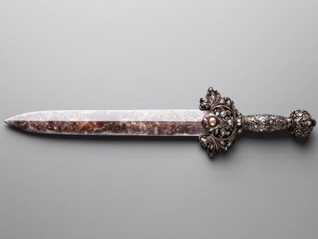 Ornate silver dagger with gemstone accents on grey backgroundの素材