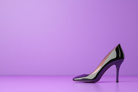 Single black high-heel shoe on purple backgroundの素材