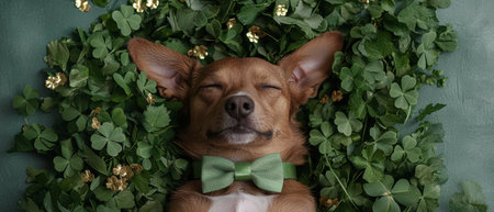 Adorable brown dog sleeping peacefully in a bed of green cloversの素材